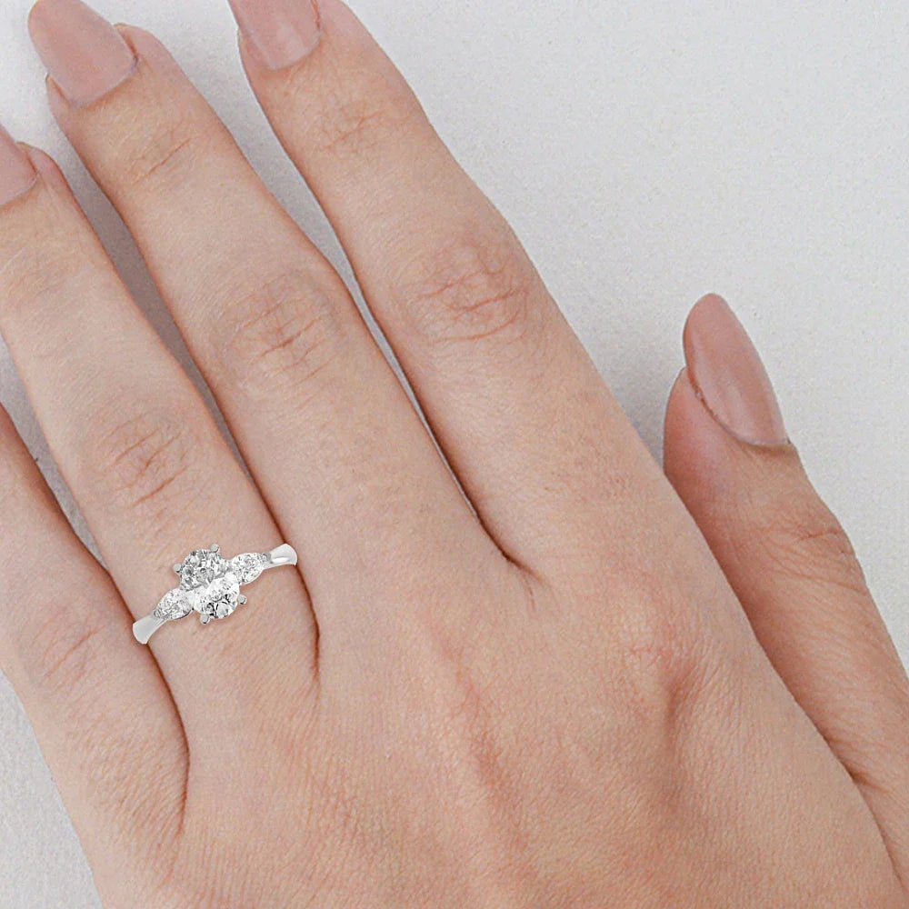 Dawn 4 Prong 0.50 Ct Oval/pear Lab Diamond Elegance Three Stone Engagement Ring