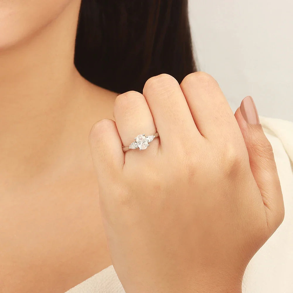 Dawn 4 Prong 0.50 Ct Oval/pear Lab Diamond Elegance Three Stone Engagement Ring