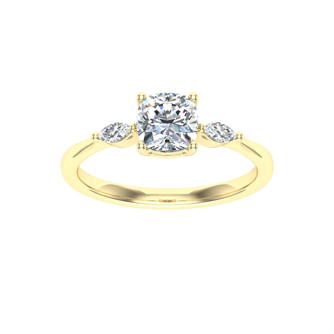 Delight Cushion 3 Stone Moissanite Engagement Ring Yellow Gold