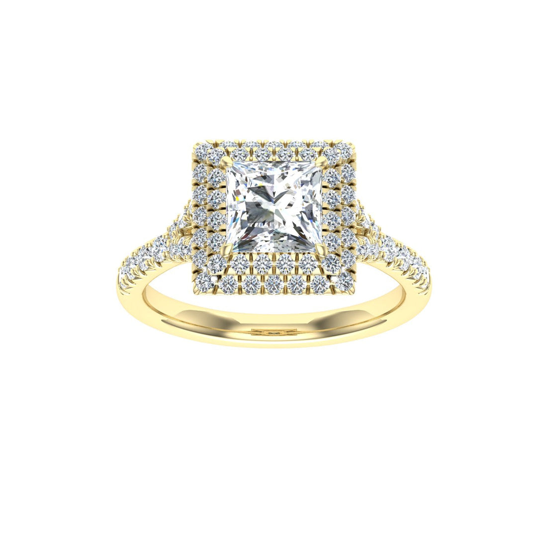 Destiny Princess Cut Double Halo Moissanite Engagement Ring Yellow Gold