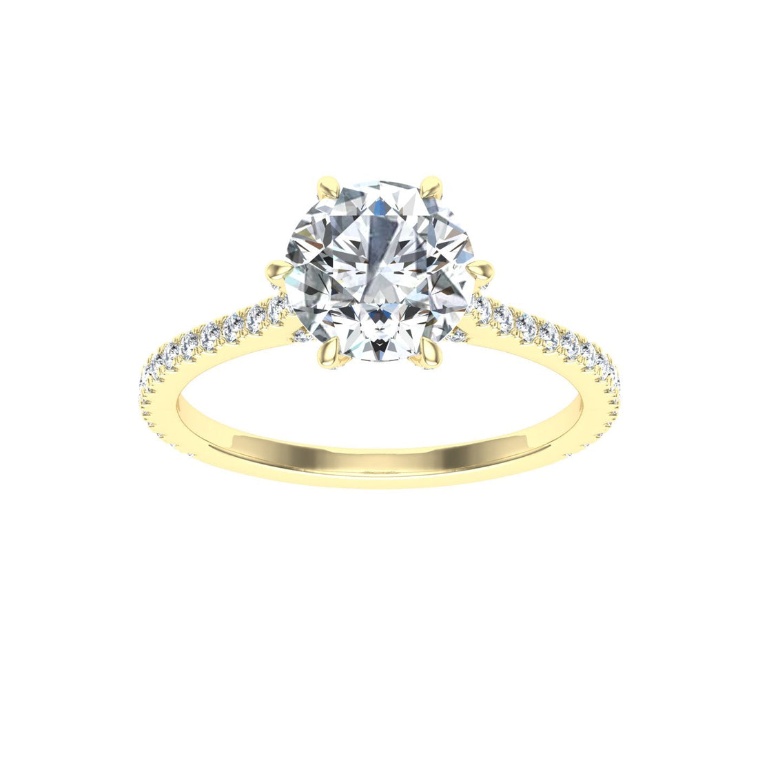 Devotion Round Cut Side Stones Moissanite Engagement Ring Yellow Gold