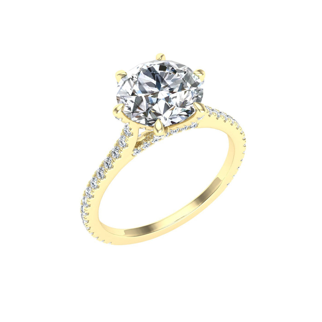 Devotion Round Cut Side Stones Moissanite Engagement Ring Yellow Gold