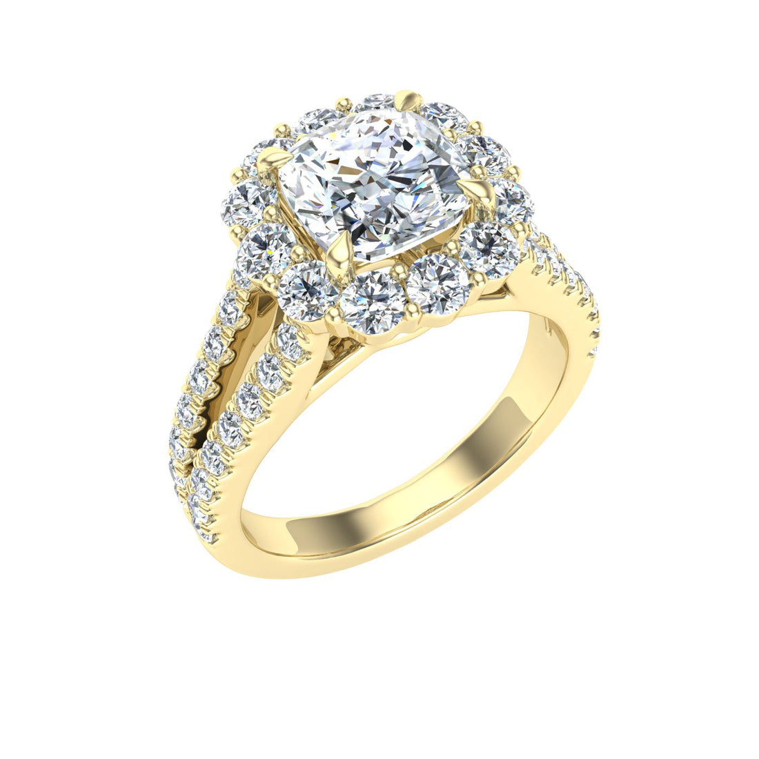 Dreams Cushion Cut Halo Moissanite Engagement Ring Yellow Gold