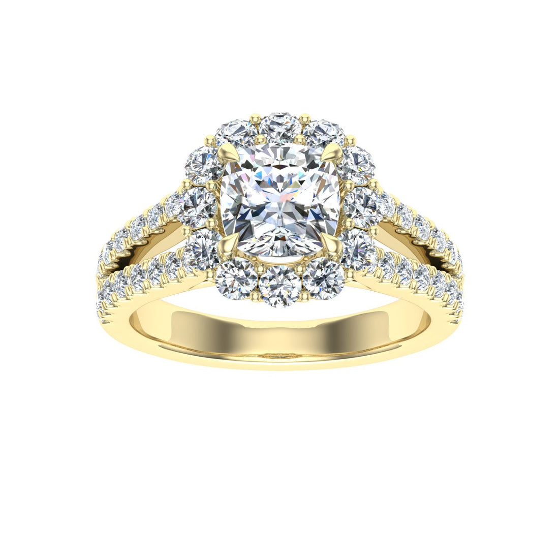 Dreams Cushion Cut Halo Moissanite Engagement Ring Yellow Gold