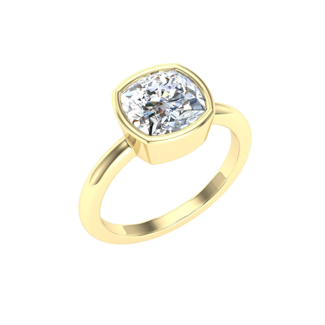 Dynasty Cushion Cut Bezel Solitaire Moissanite Engagement Ring Yellow Gold