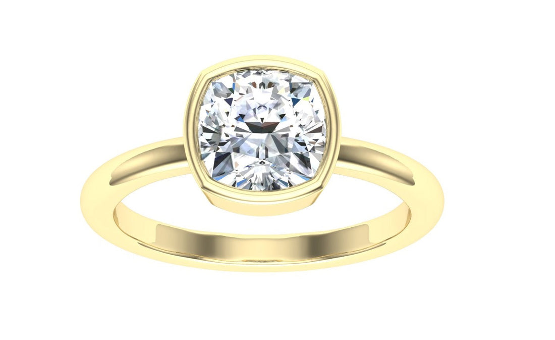 Dynasty Cushion Cut Bezel Solitaire Moissanite Engagement Ring Yellow Gold