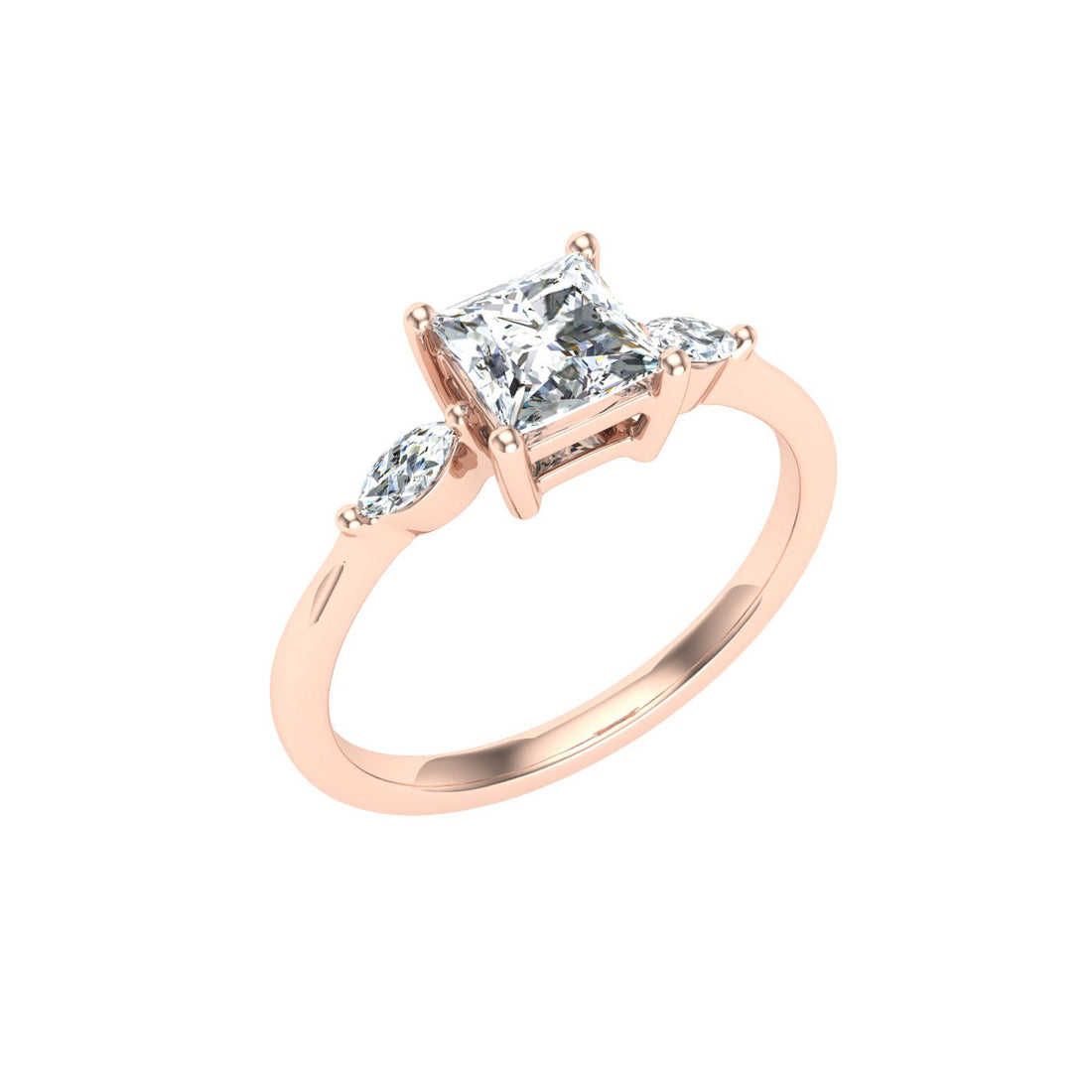 Majestic Princess 3 Stone Moissanite Engagement Ring  Rose Gold