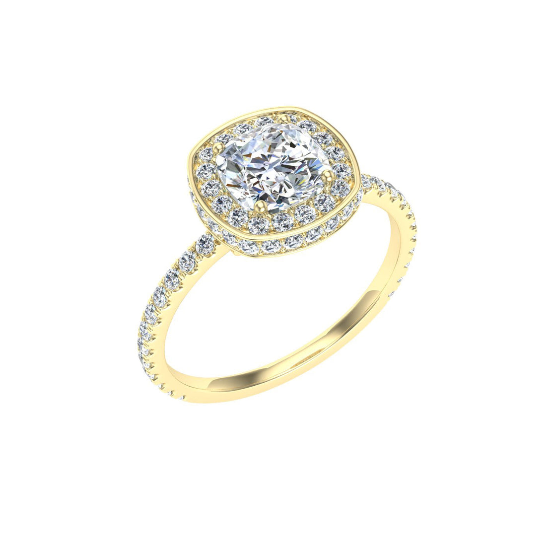 Reverence Cushion Cut Double Edge Halo Moissanite Engagement Ring Yellow Gold