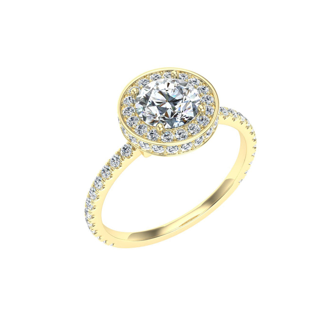 Cascade Round Cut Double Edge Halo Moissanite Engagement Ring Yellow Gold