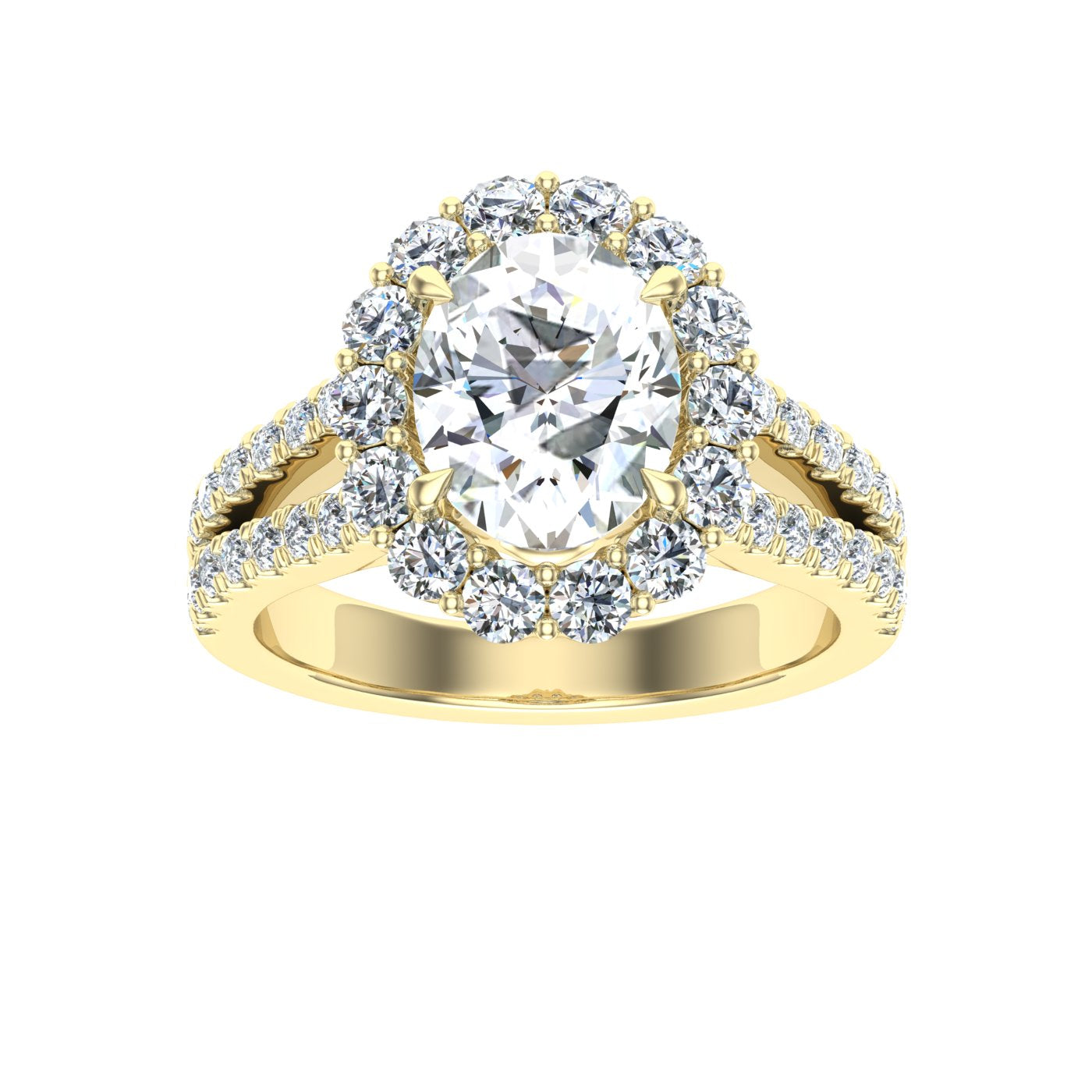 Eclipsed Oval Cut Halo Moissanite Engagement Ring Yellow Gold