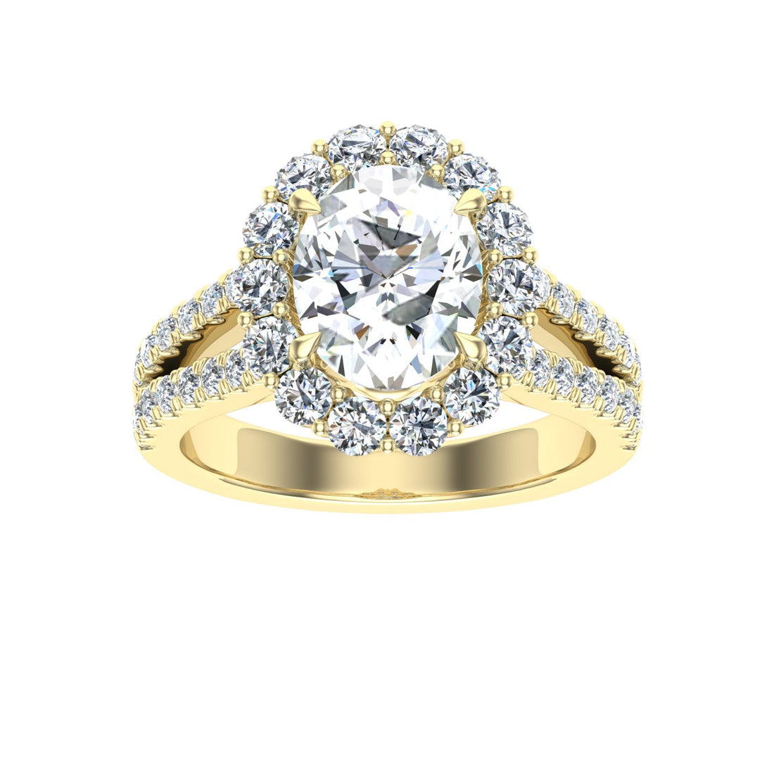 Eclipsed Oval Cut Halo Moissanite Engagement Ring Yellow Gold