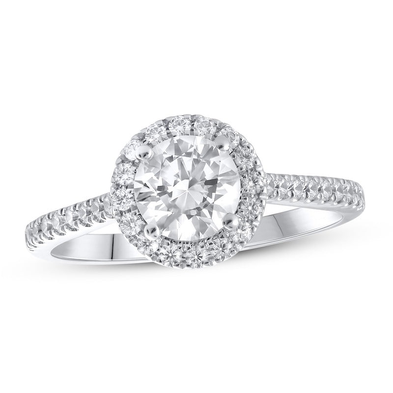 Amulet Four-Prong Round Halo Moissanite Engagement Ring White Gold