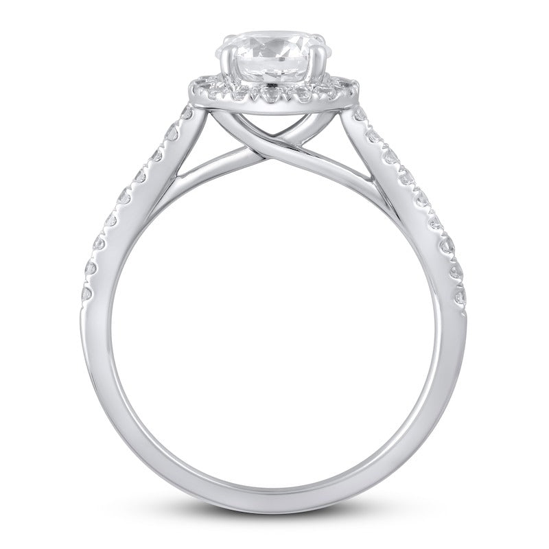 Amulet Four-Prong Round Halo Moissanite Engagement Ring White Gold