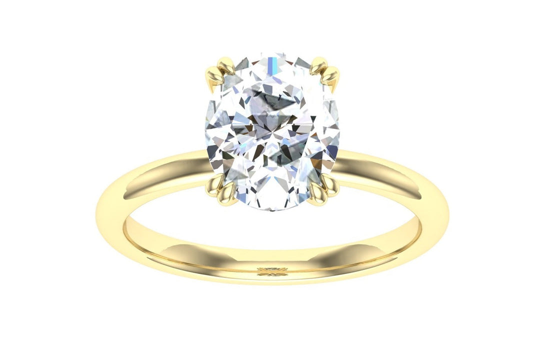 Eleganza Double Claw Oval Cut Solitaire Moissanite Engagement Ring Yellow Gold