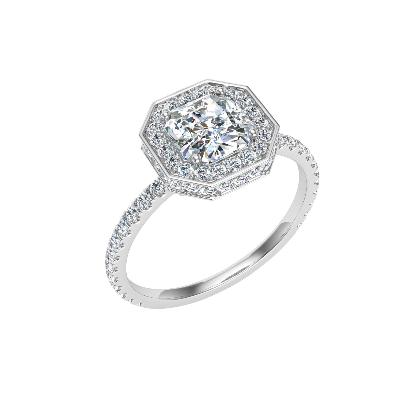 Elegy Asscher Cut Double Edge Halo Moissanite Engagement Ring White Gold