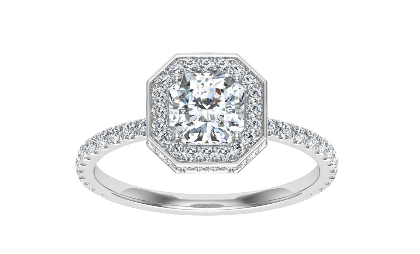 Elegy Asscher Cut Double Edge Halo Moissanite Engagement Ring White Gold