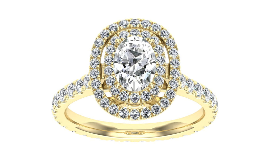 Elixir Oval Cut Double Halo Moissanite Engagement Ring Yellow Gold