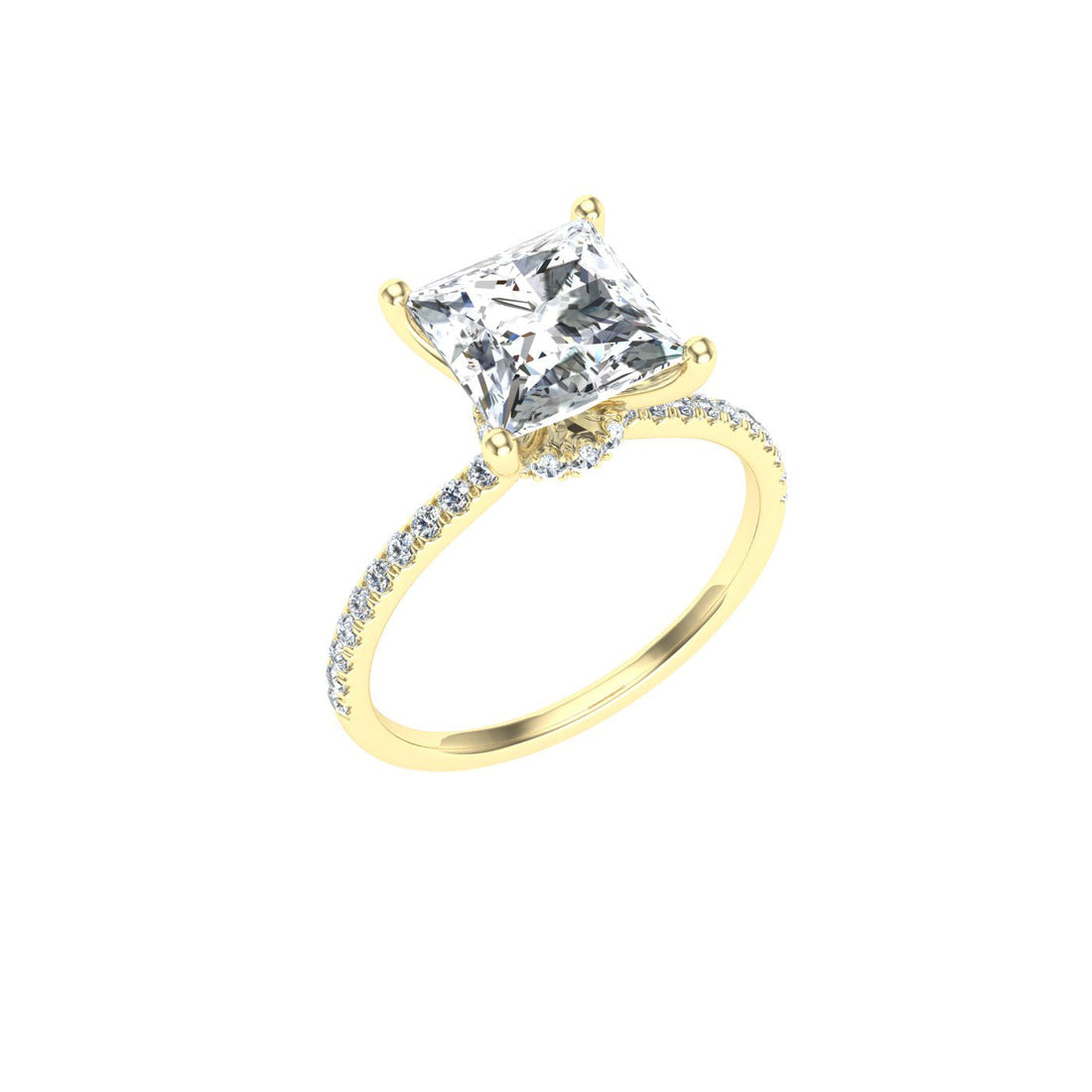 Elysium Princess Cut Hidden Halo Moissanite Engagement Ring Yellow Gold