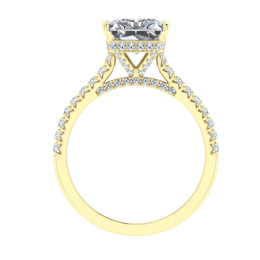 Elysium Radiant Cut Hidden Halo Moissanite Engagement Ring Yellow Gold