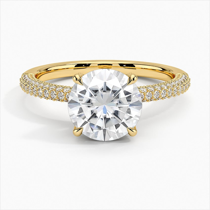 Graceful Round Cut Micro Pave Moissanite Engagement Ring Yellow Gold