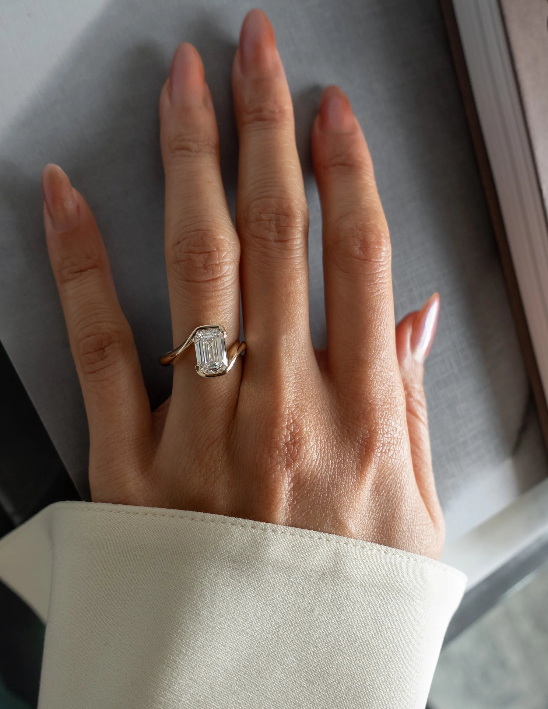 Emerald Cut Moissanite Half-Bezel Engagement Ring