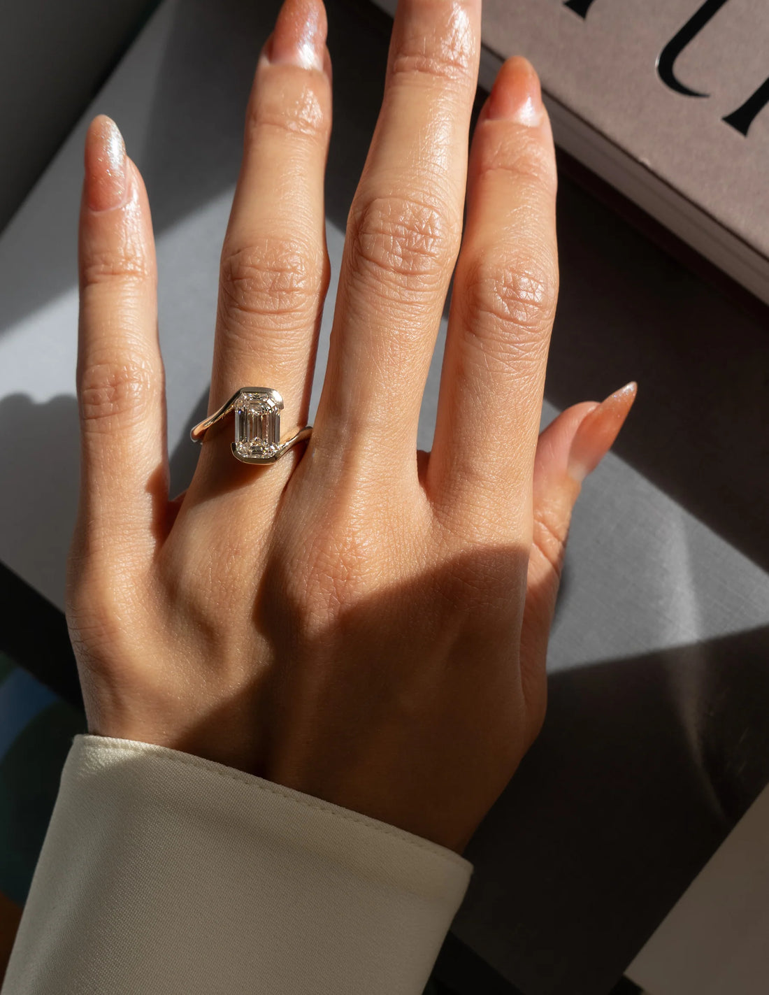 Emerald Cut Moissanite Half-Bezel Engagement Ring