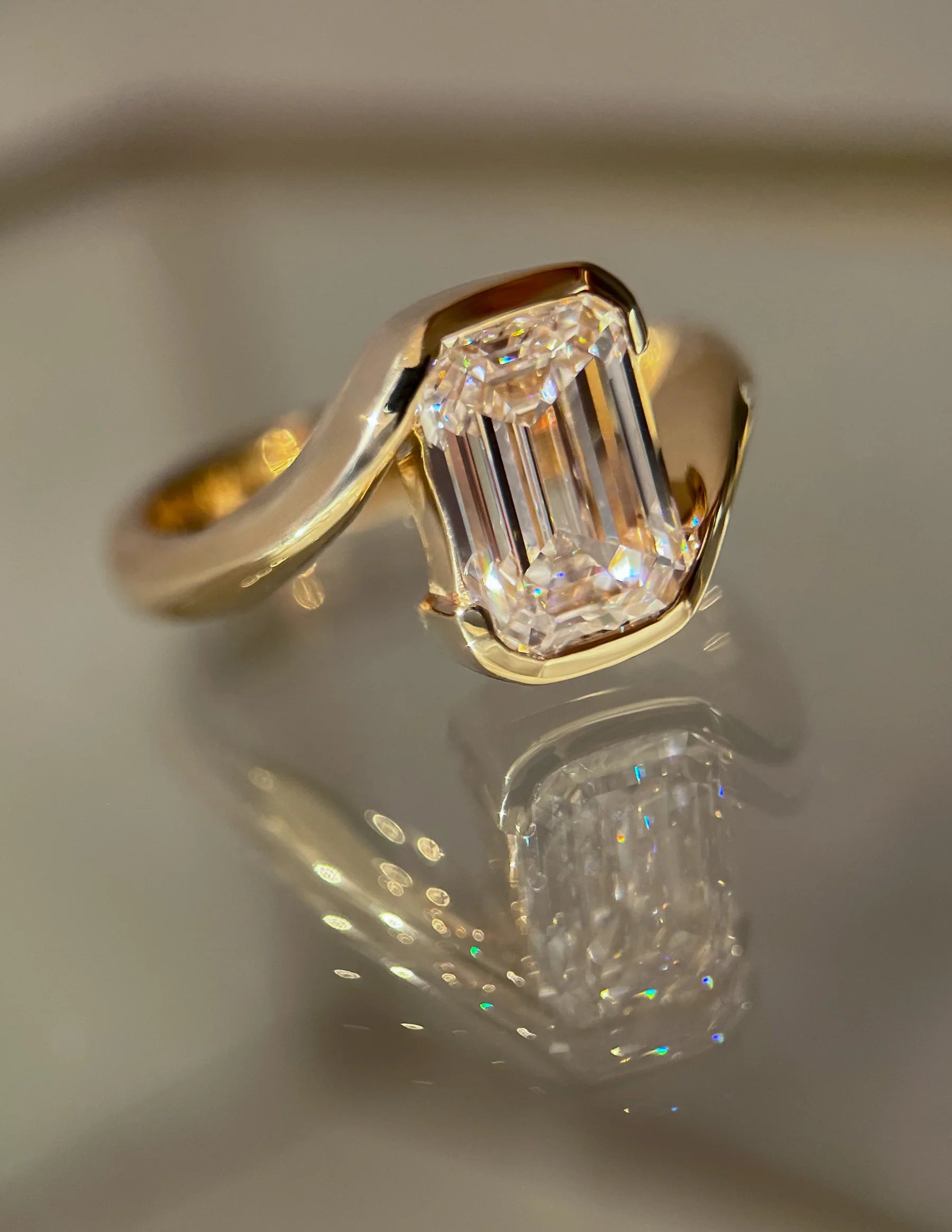 Emerald Cut Moissanite Half-Bezel Engagement Ring