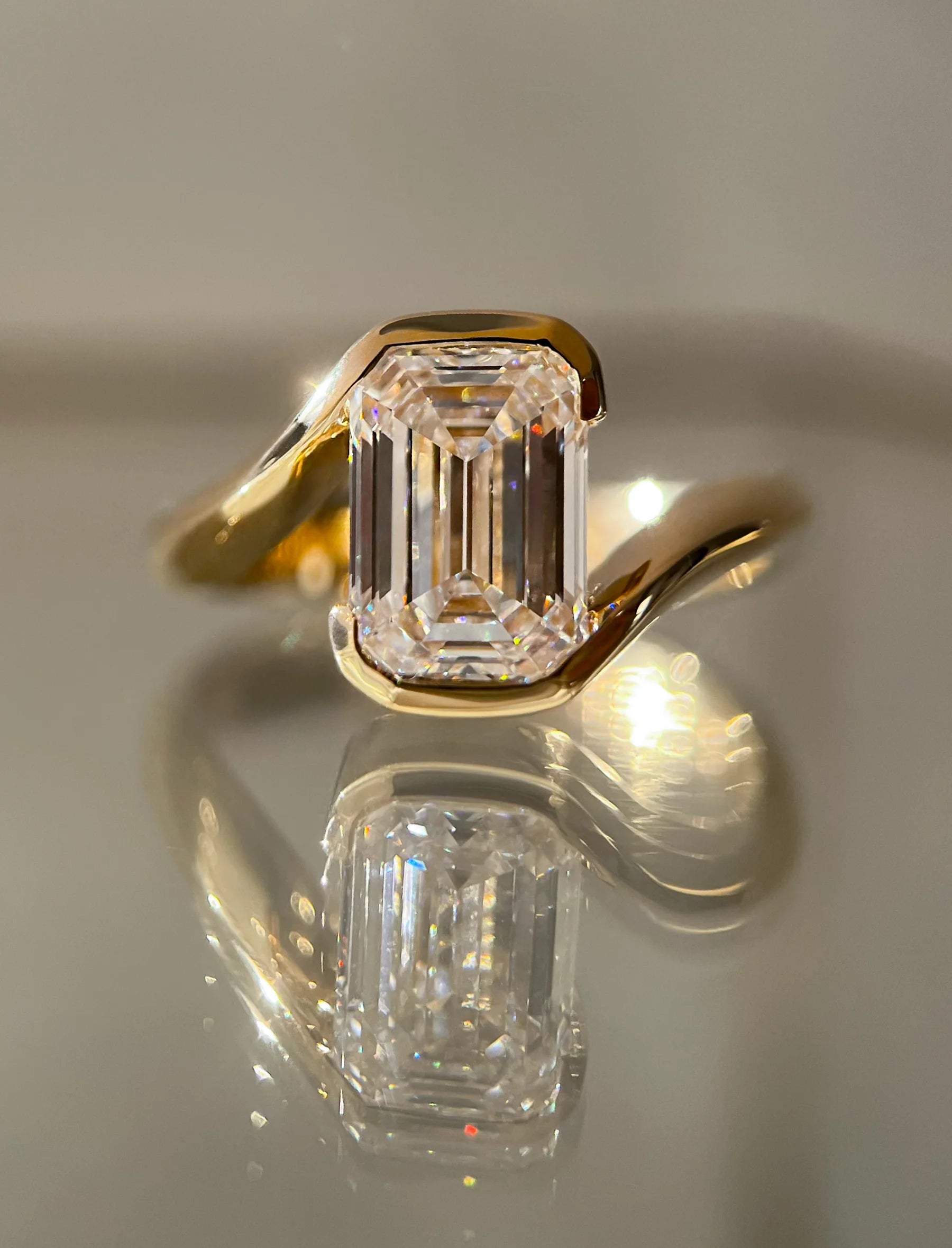 Emerald Cut Moissanite Half-Bezel Engagement Ring