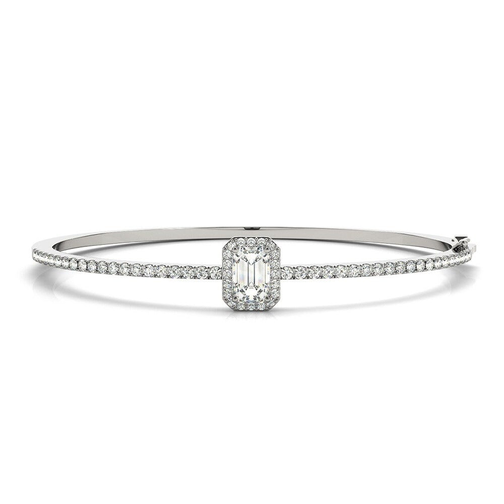 Emerald Cut Halo Moissanite Bangle White Gold