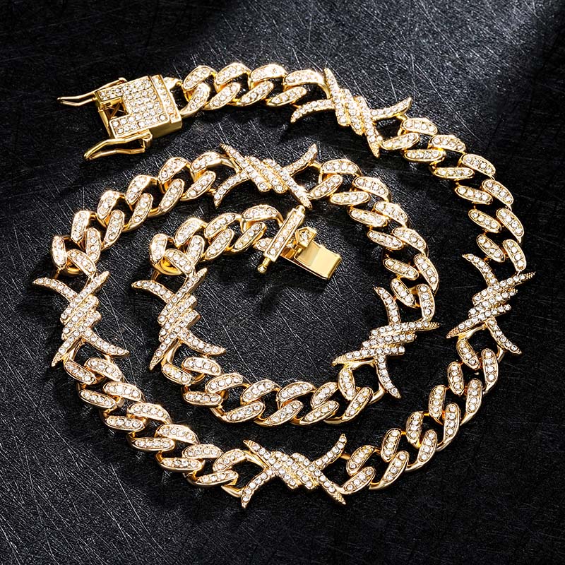 Enchanting Chain Moissanite 10mm Iced Cuban Barb Wire Chain Yellow Gold