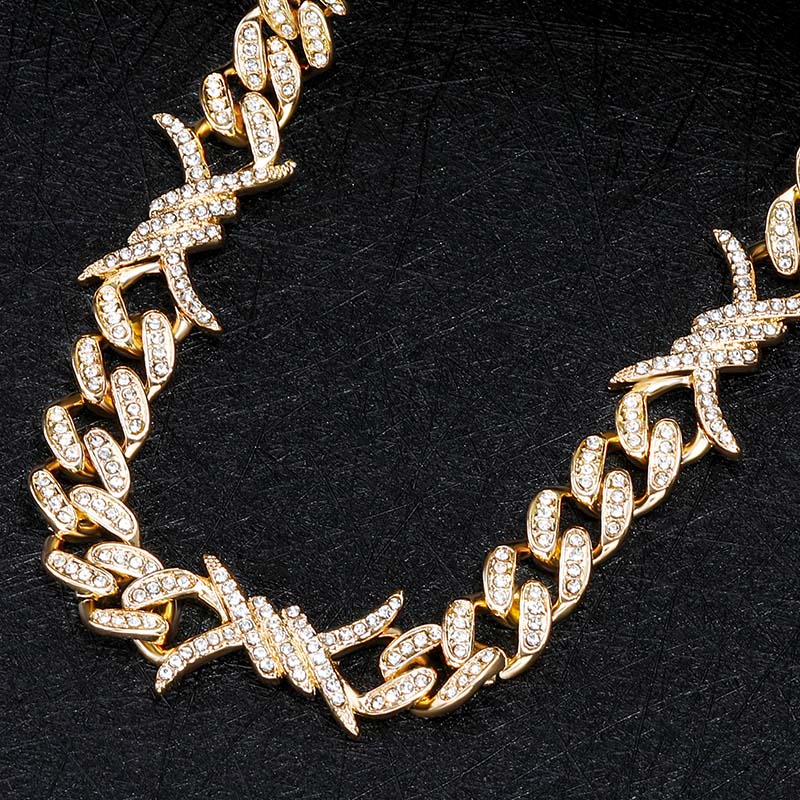 Enchanting Chain Moissanite 10mm Iced Cuban Barb Wire Chain Yellow Gold