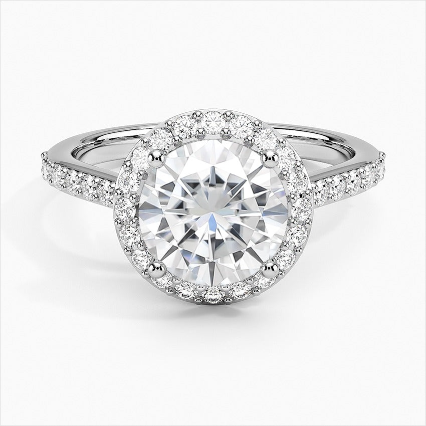 Enclave Round Shape Halo Side Stones Moissanite Engagement Ring White Gold