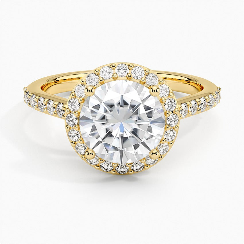 Enclave Round Shape Halo Side Stones Moissanite Engagement Ring Yellow Gold