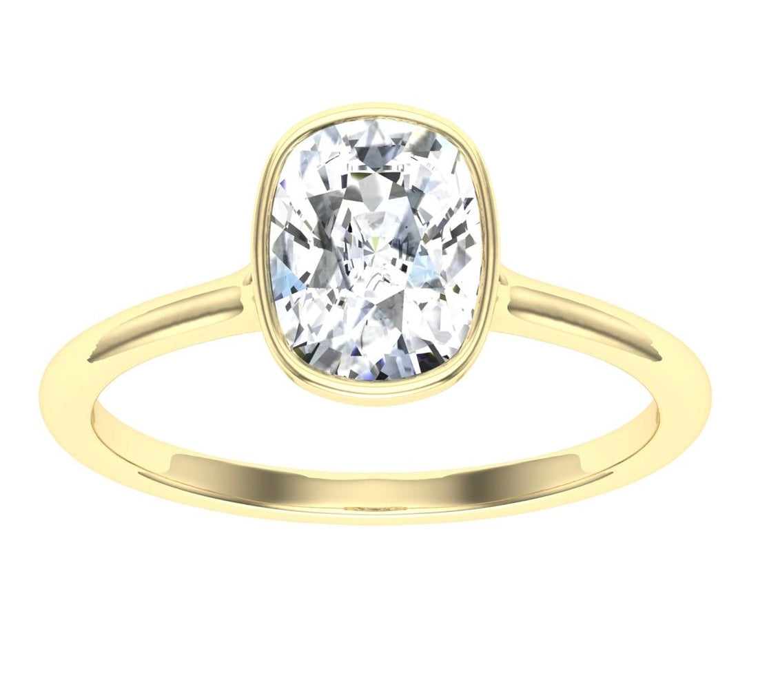 Endless Elongated Cushion Cut Bezel Moissanite Engagement Ring Yellow Gold