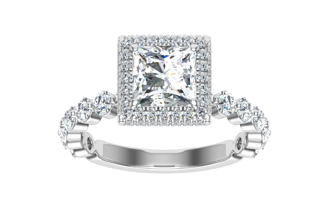 Engraved Princess Double Edge Halo Moissanite Engagement Ring