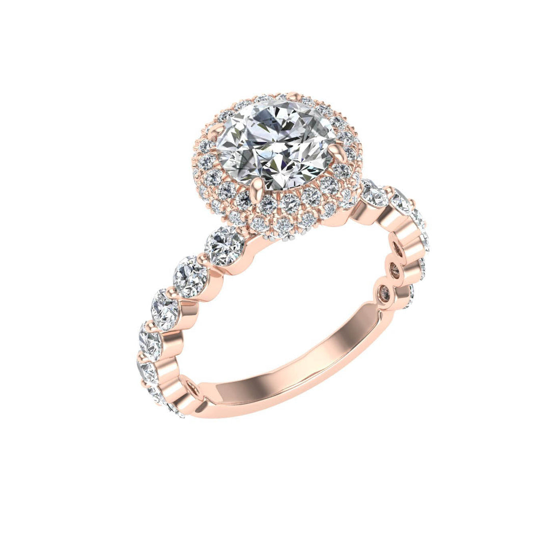 Engraved Round Cut Double Edge Halo Moissanite Engagement Ring Rose Gold