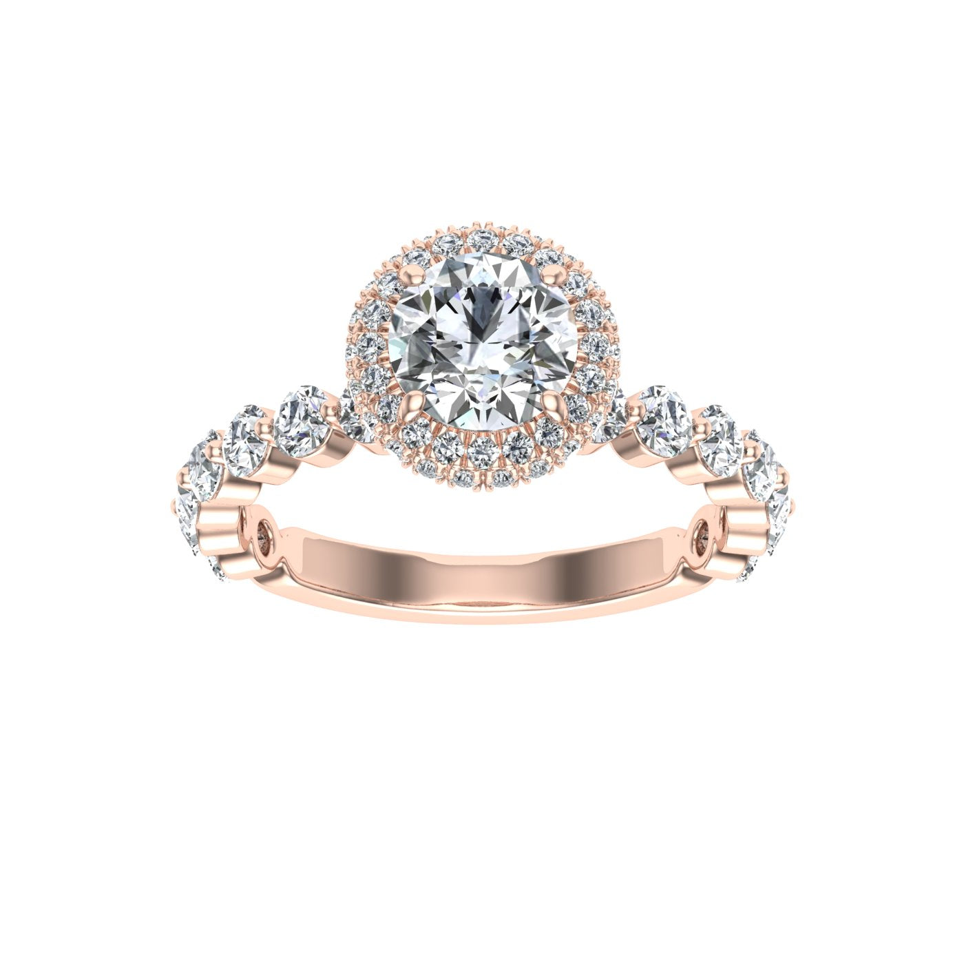 Engraved Round Cut Double Edge Halo Moissanite Engagement Ring Rose Gold