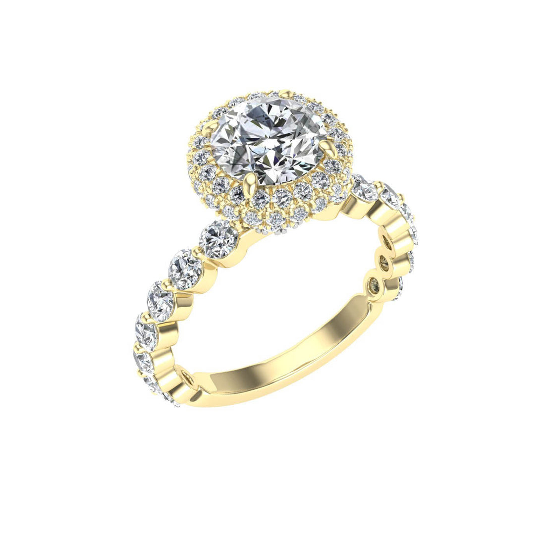 Engraved Round Cut Double Edge Halo Moissanite Engagement Ring Yellow Gold