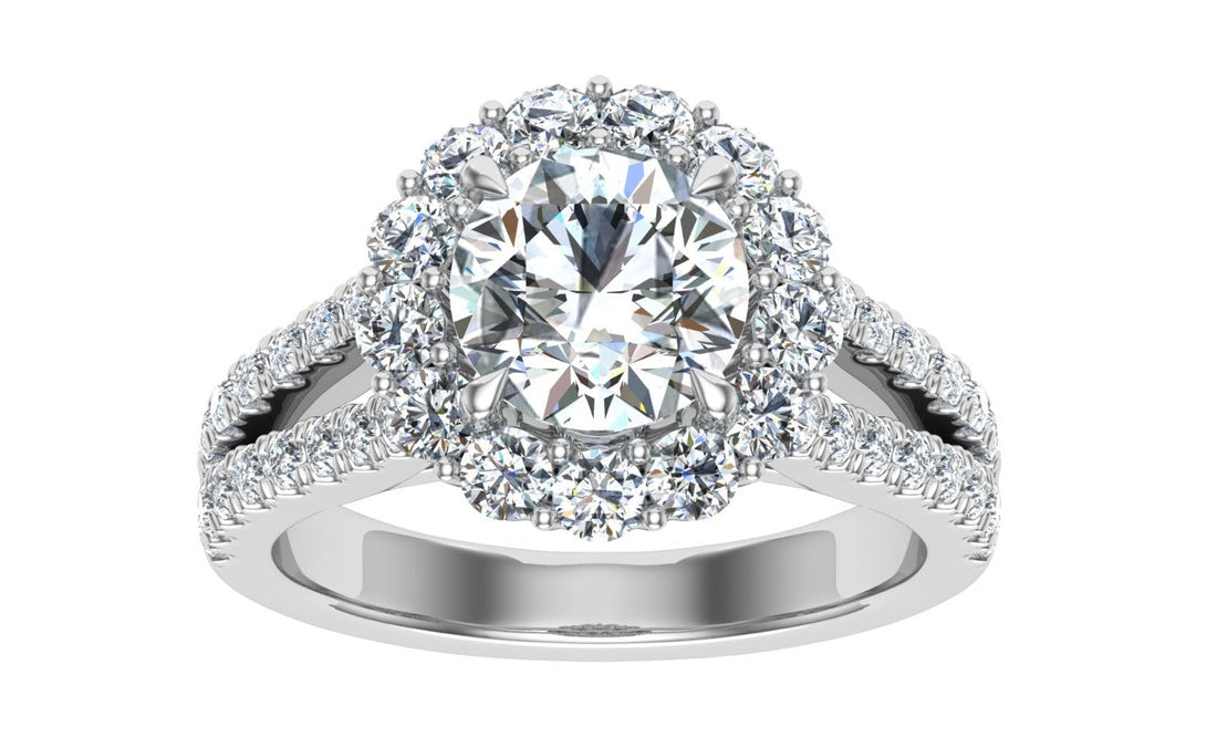 Enigma Round Cut Halo Moissanite Engagement Ring White Gold