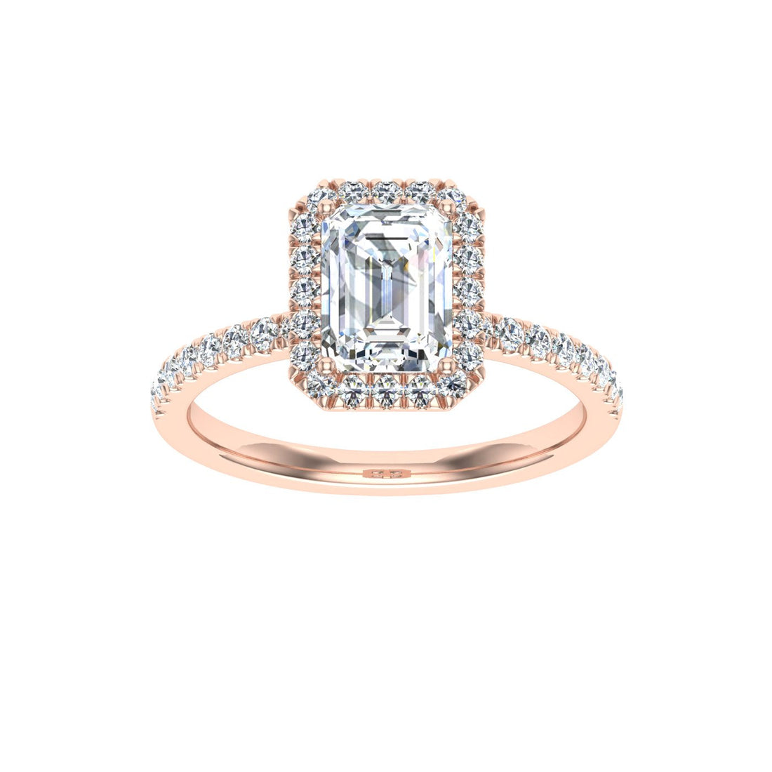 Enigmatic Emerald Cut Halo Moissanite Engagement Ring Rose Gold