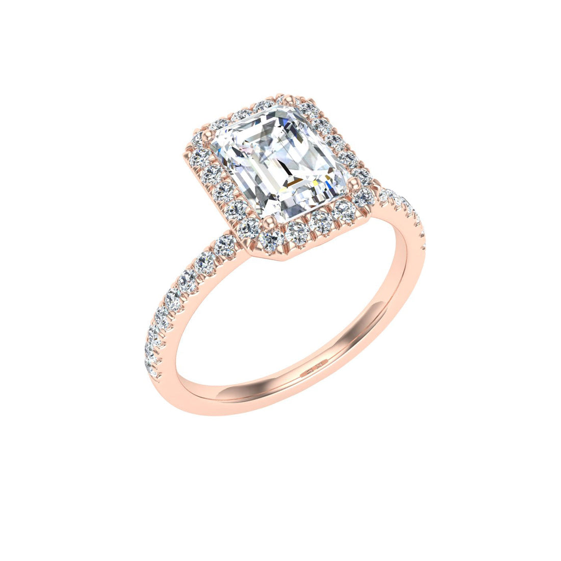 Enigmatic Emerald Cut Halo Moissanite Engagement Ring Rose Gold