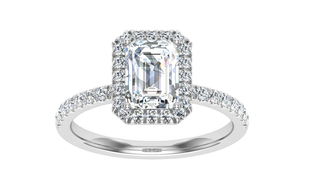 Enigmatic Emerald Cut Halo Moissanite Engagement Ring White Gold