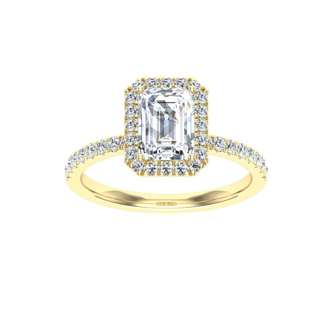 Enigmatic Emerald Cut Halo Moissanite Engagement Ring Yellow Gold