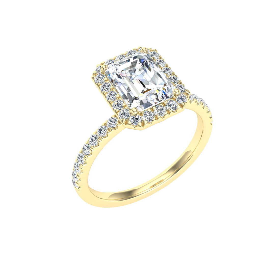 Enigmatic Emerald Cut Halo Moissanite Engagement Ring Yellow Gold