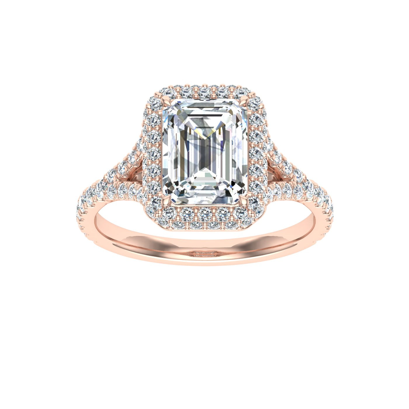 Ensemble Emerald Cut Side Stones Moissanite Engagement Ring Rose Gold