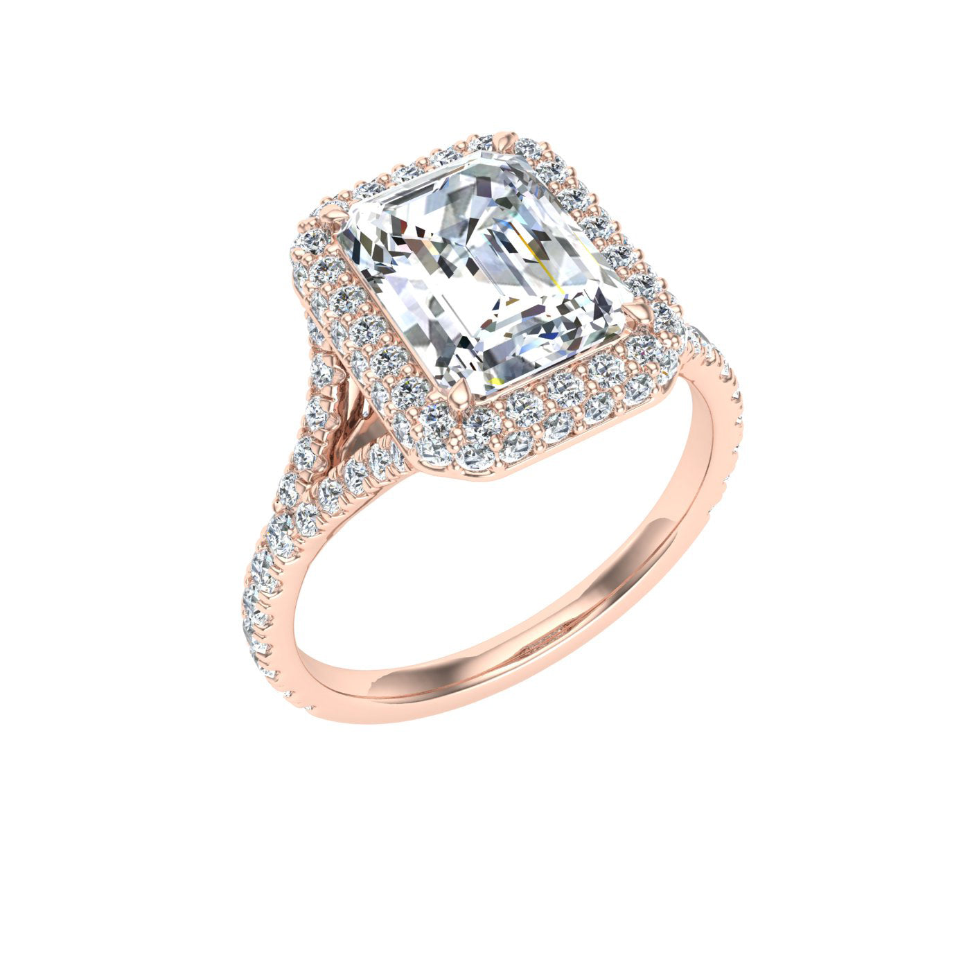 Ensemble Emerald Cut Side Stones Moissanite Engagement Ring Rose Gold
