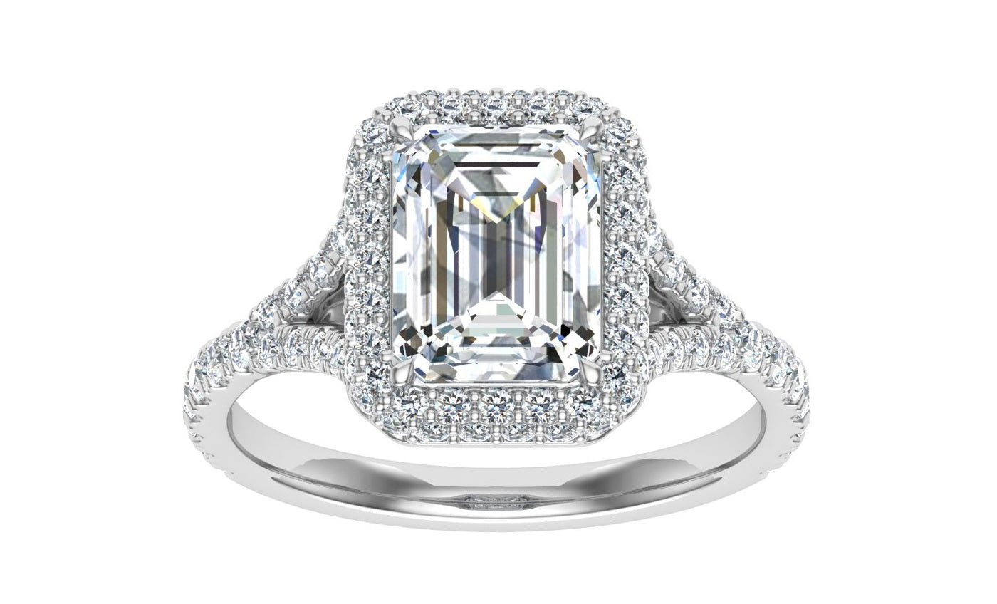 Ensemble Emerald Cut Side Stones Moissanite Engagement Ring White Gold