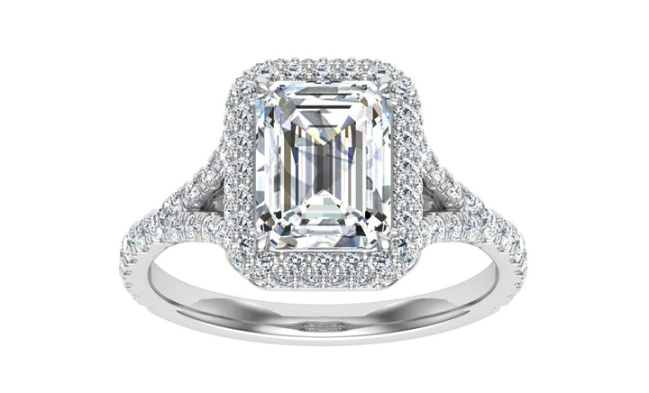 Ensemble Emerald Cut Side Stones Moissanite Engagement Ring White Gold