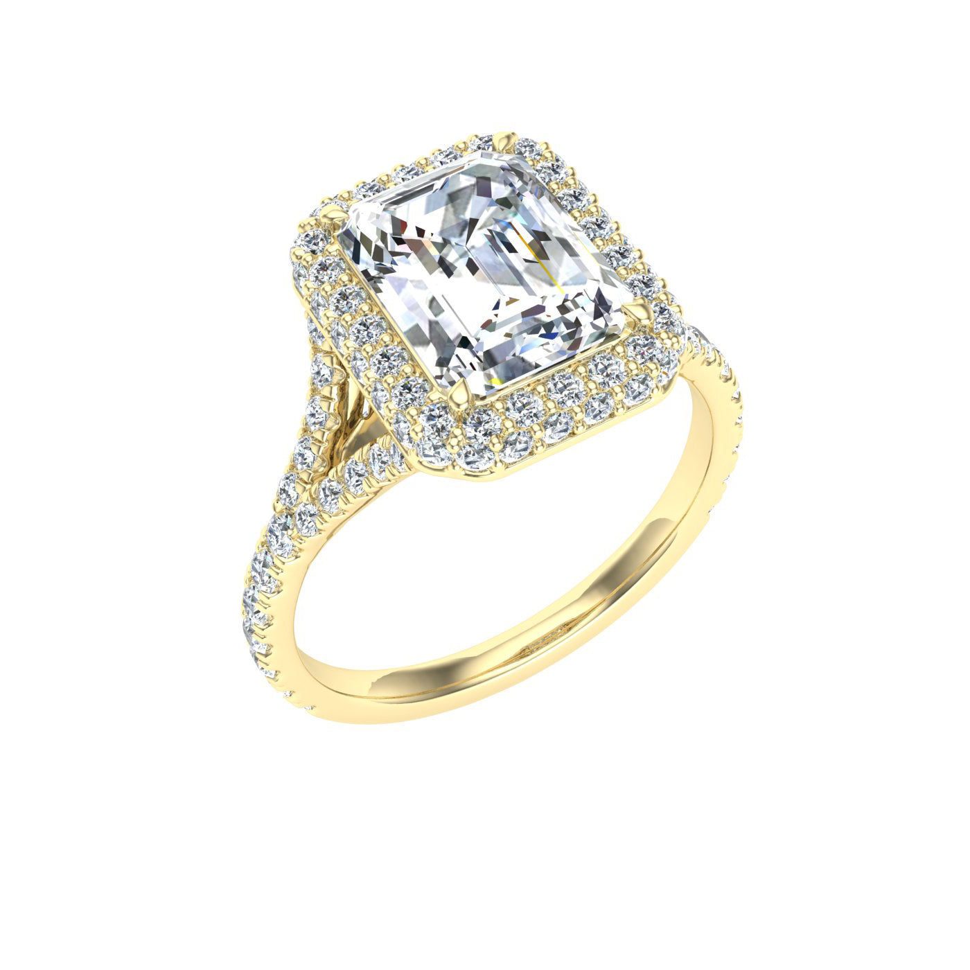 Ensemble Emerald Cut Side Stones Moissanite Engagement Ring Yellow Gold