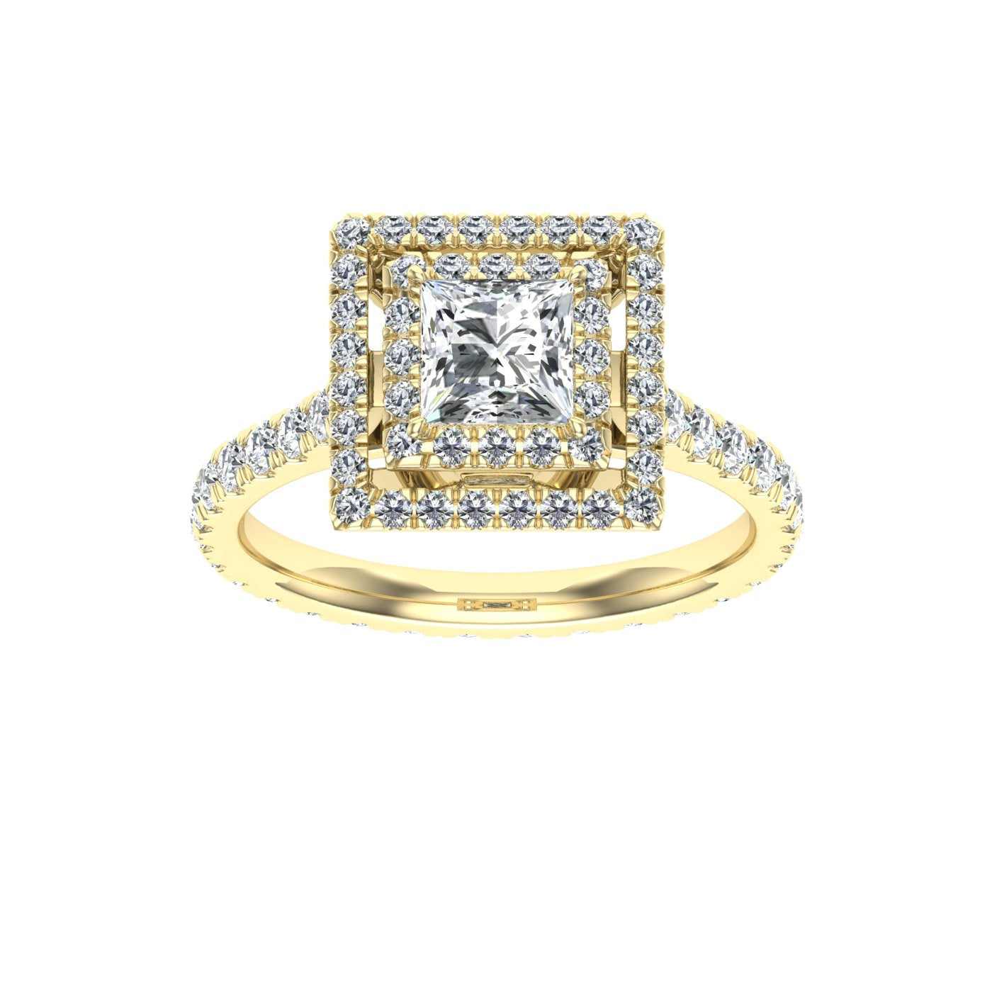 Entwined Princess Cut Double Halo Moissanite Engagement Ring Yellow Gold